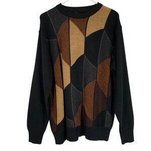 Point Black Brown Long Sleeve Crewneck Geometric Knit Sweater Size XL